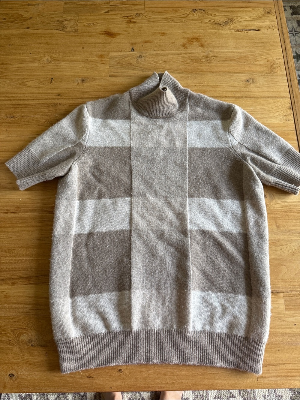 Emporio Armani Short-Sleeve wool blend Sweater in Beige and Cream Stripe